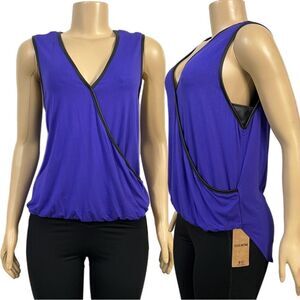 Bebe NWT Surplice Hi-low sleeveless top blouse w faux leather purple / black Xs